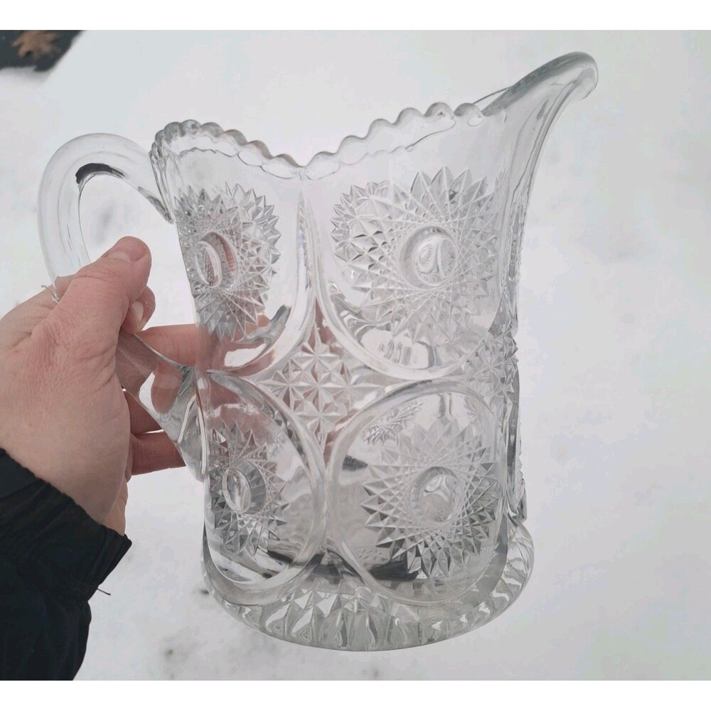 Vintage 1900's Edwardian EAPG Sunburst Heisey Heavy Glass Scalloped Pitcher